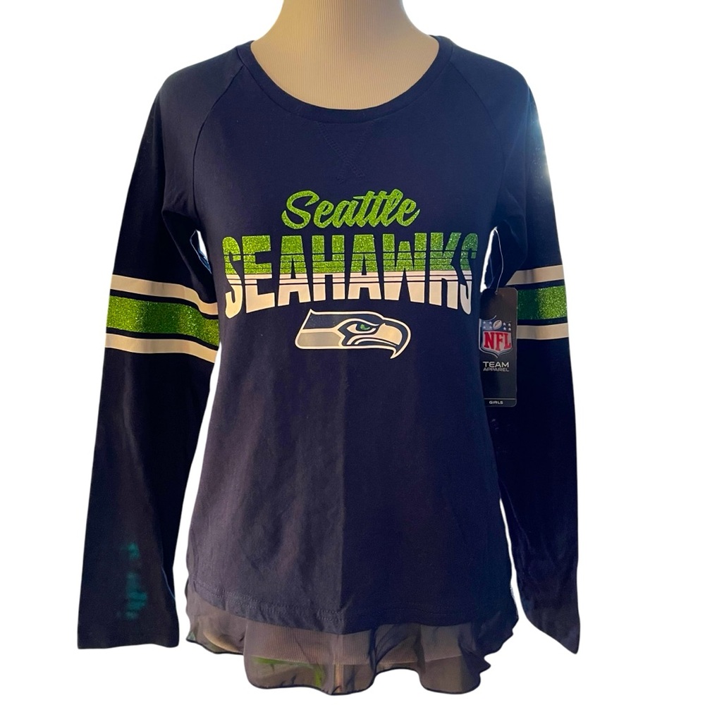 NWT NFL Team Apparel Girl’s Seahawks Glitter Logo Ruffle Hem Long Sleeve Top M